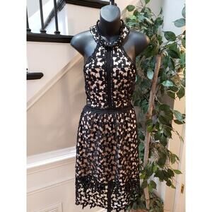 Depri A Line Dress Womens Large Beige Black Lace Overlay Halter Neck Racerback